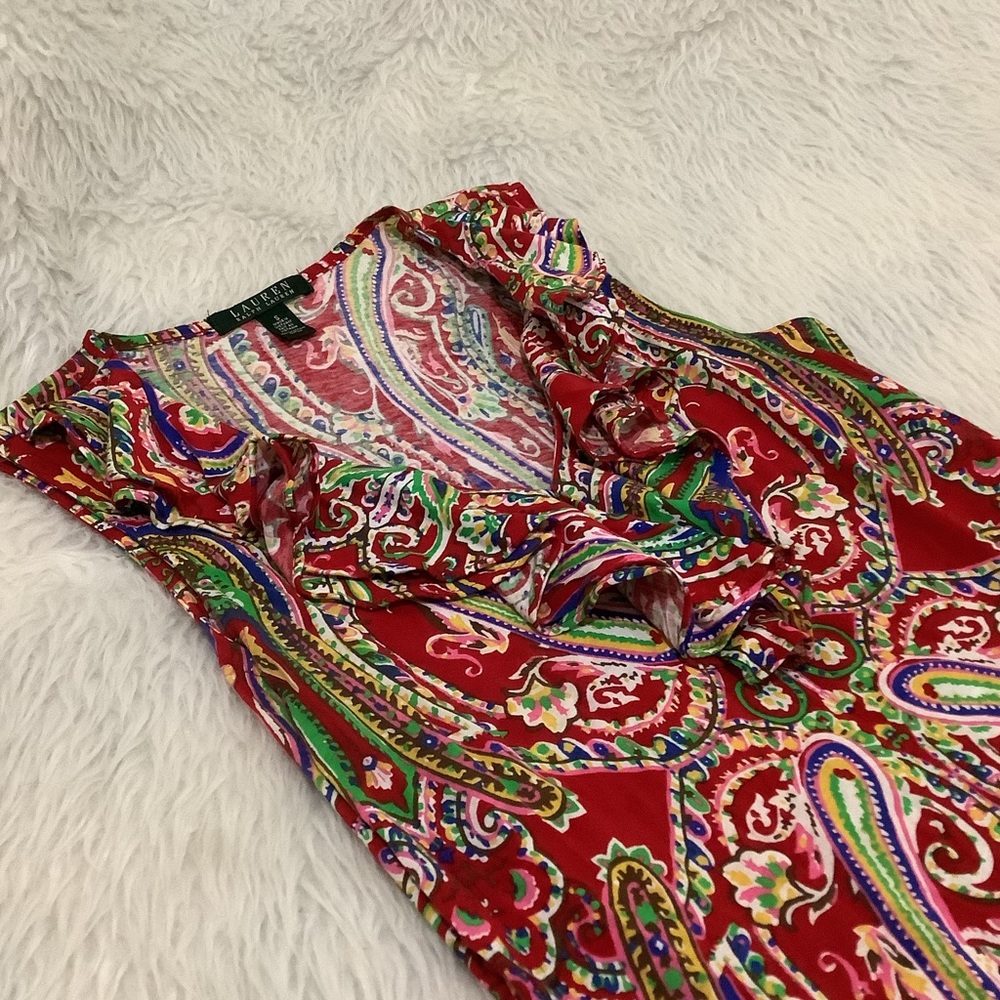 Lauren Ralph Lauren women’s red paisley sleeveless ruffle summer knit dress S - Picture 3 of 9
